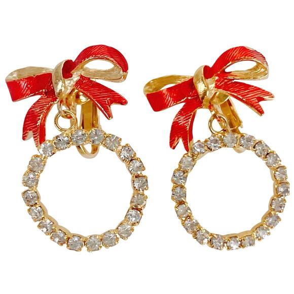 Vintage Christmas Clip On Rhinestone Wreath Earrings Red Bow Gold Tone Sparkling - Picture 2 of 13